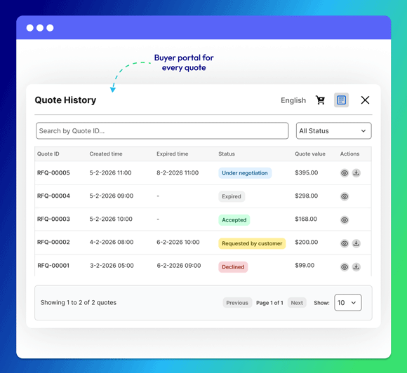 Buyer portal with quote history and statuses