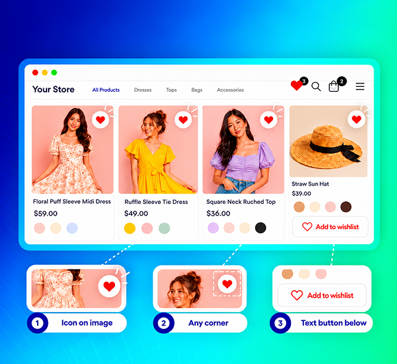 Heart icons and text wishlist buttons on Shopify product cards