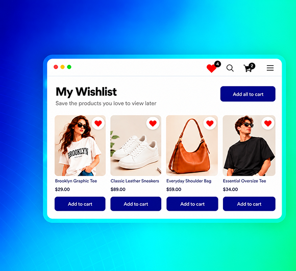 Shopify wishlist page with Add to cart and Add all to cart