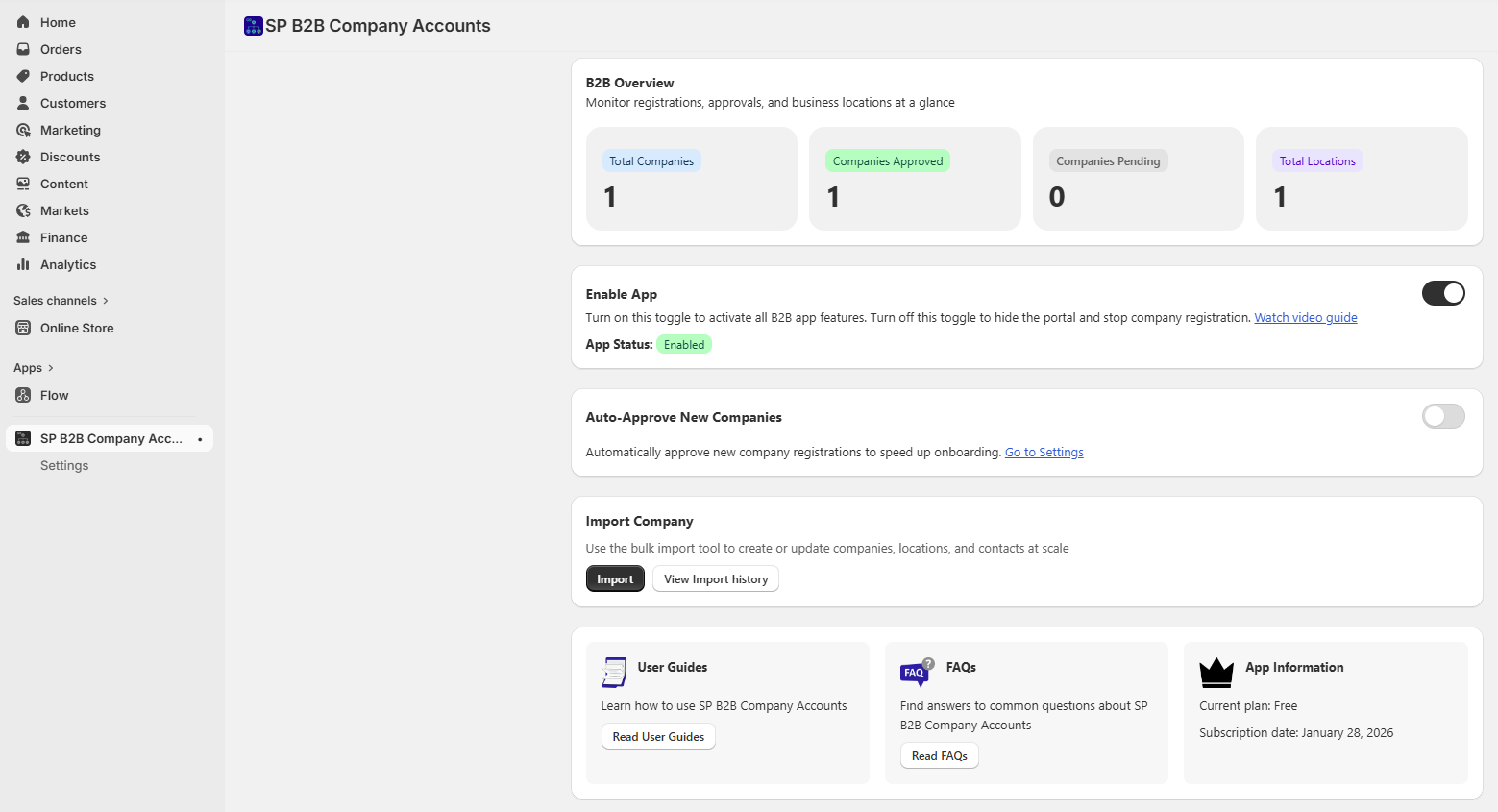 SP B2B Company Accounts dashboard in Shopify Admin