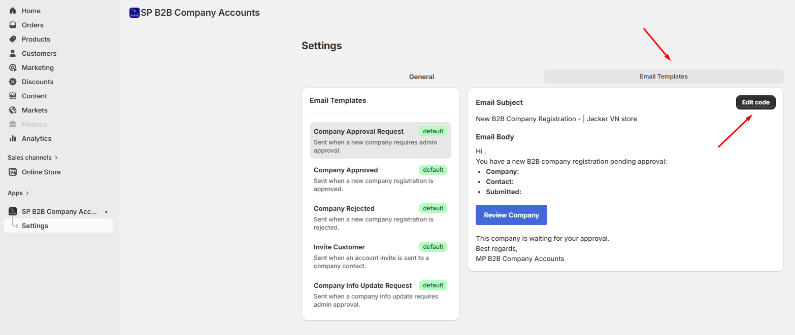 Edit the emails sent during the B2B workflow
