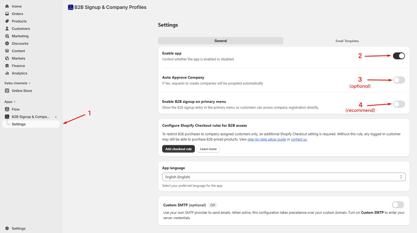 Enable SP B2B Company Accounts app on your Shopify store