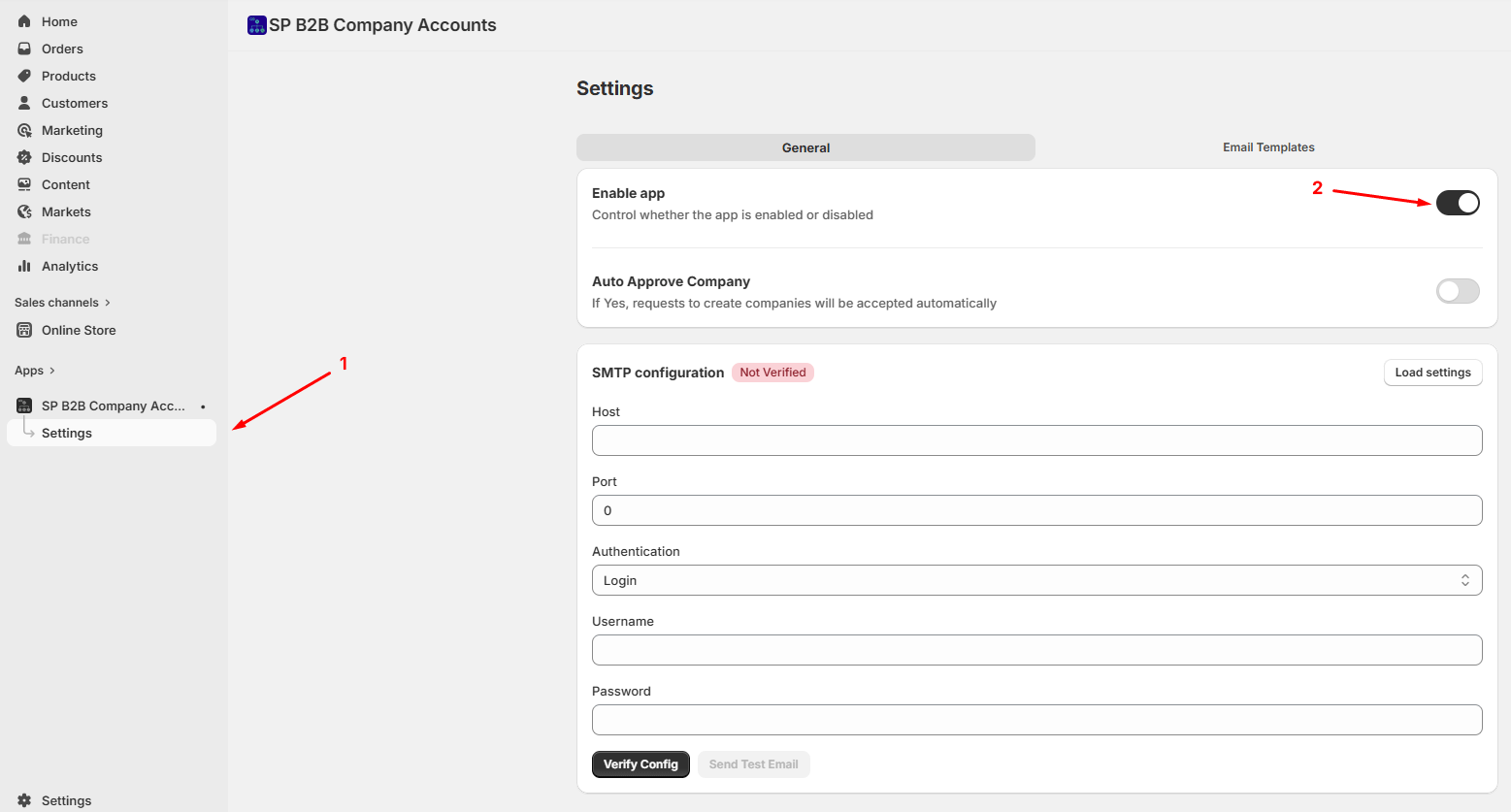 Enable SP B2B Company Accounts app on your Shopify store