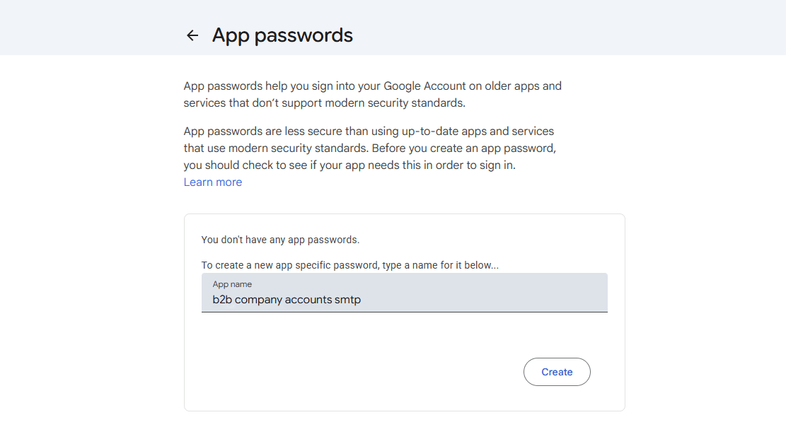Create Google app for SMTP