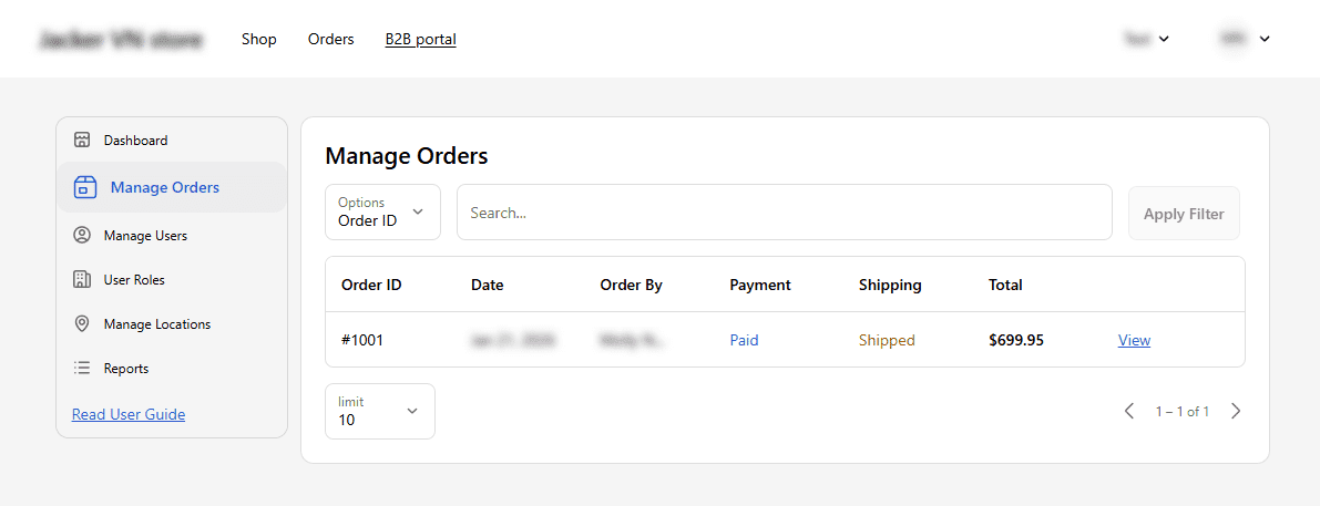 Managing B2B orders from the company profile