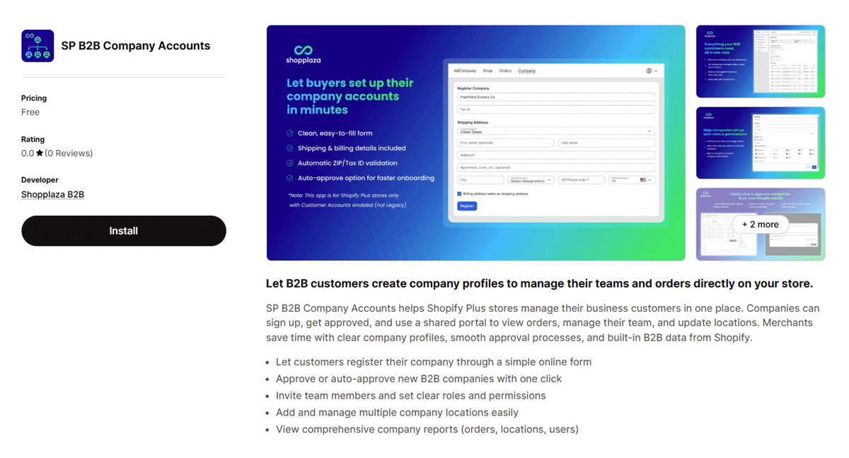 SP B2B Company Accounts app page on Shopify App Store