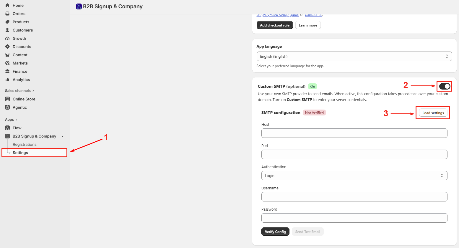 Turn on custom SMTP in Shopify admin