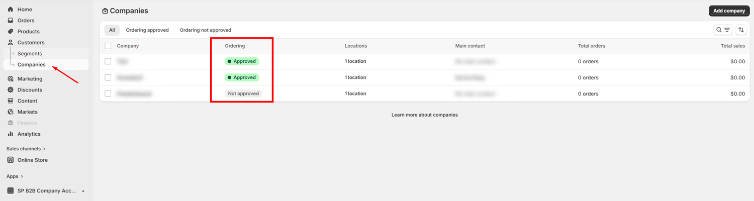 Viewing the B2B company list in Shopify Admin to check ordering approval status