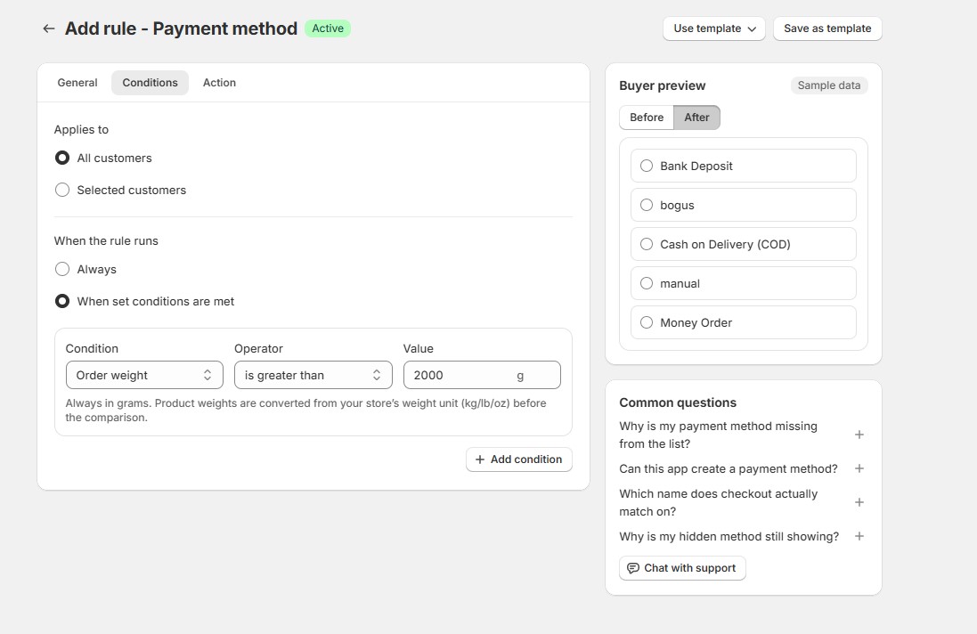 Payment method rules