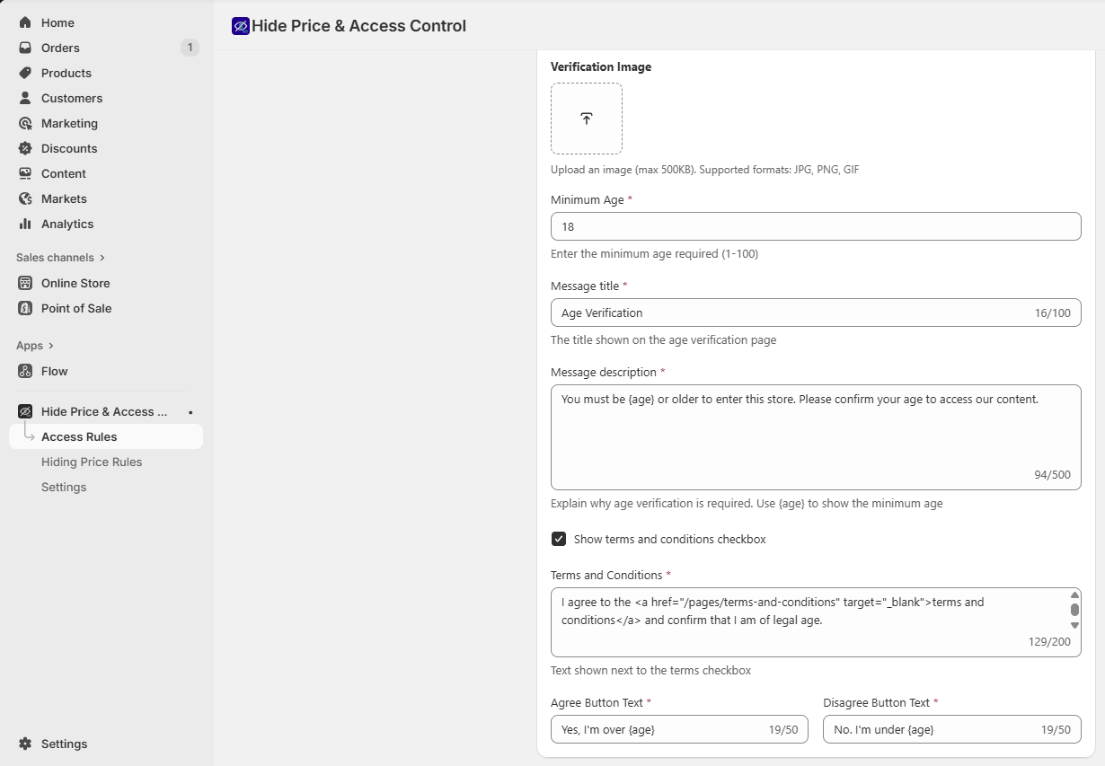 Age verification setup fields.