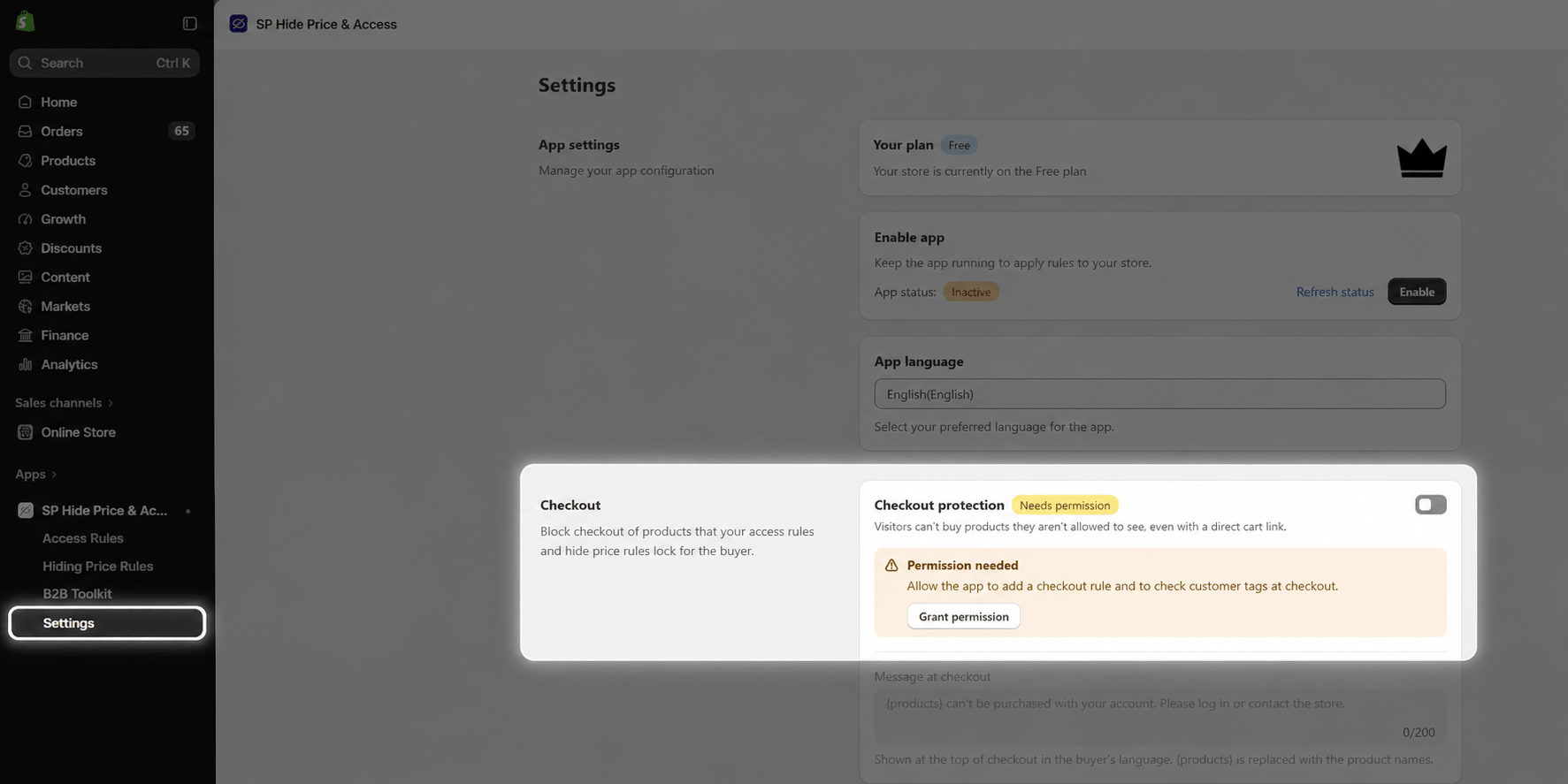 Checkout protection card in Settings