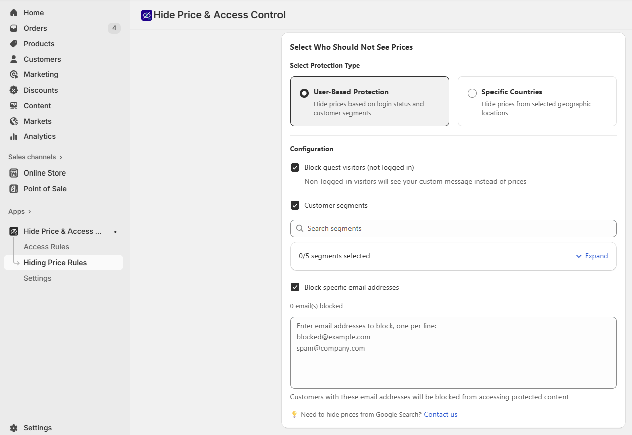 Select who should not see prices