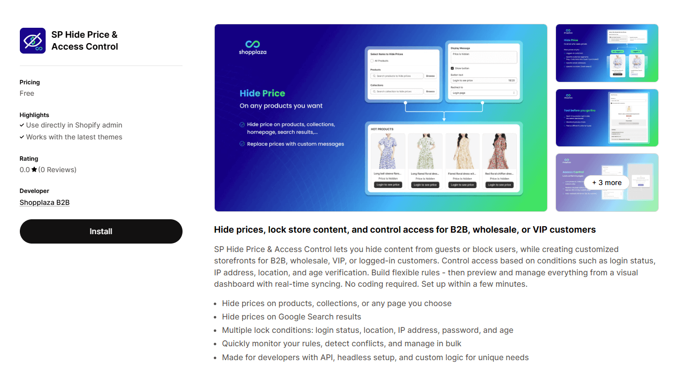 SP Hide Price & Access Control app page on Shopify App Store