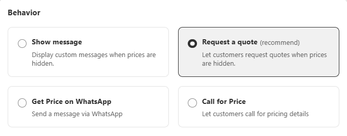Set up message and action when prices are hidden