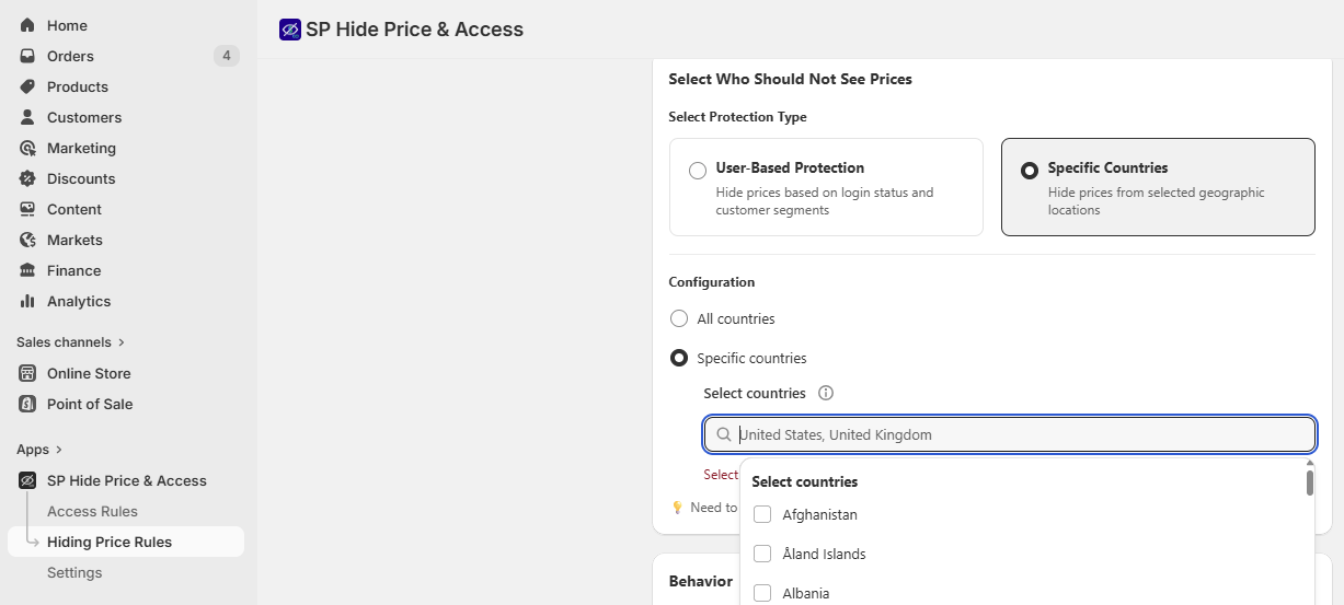 Country-based hide price settings