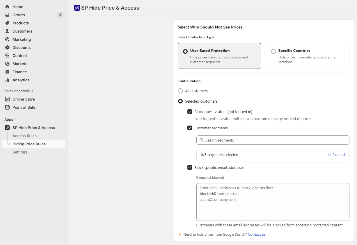 User-based hide price settings