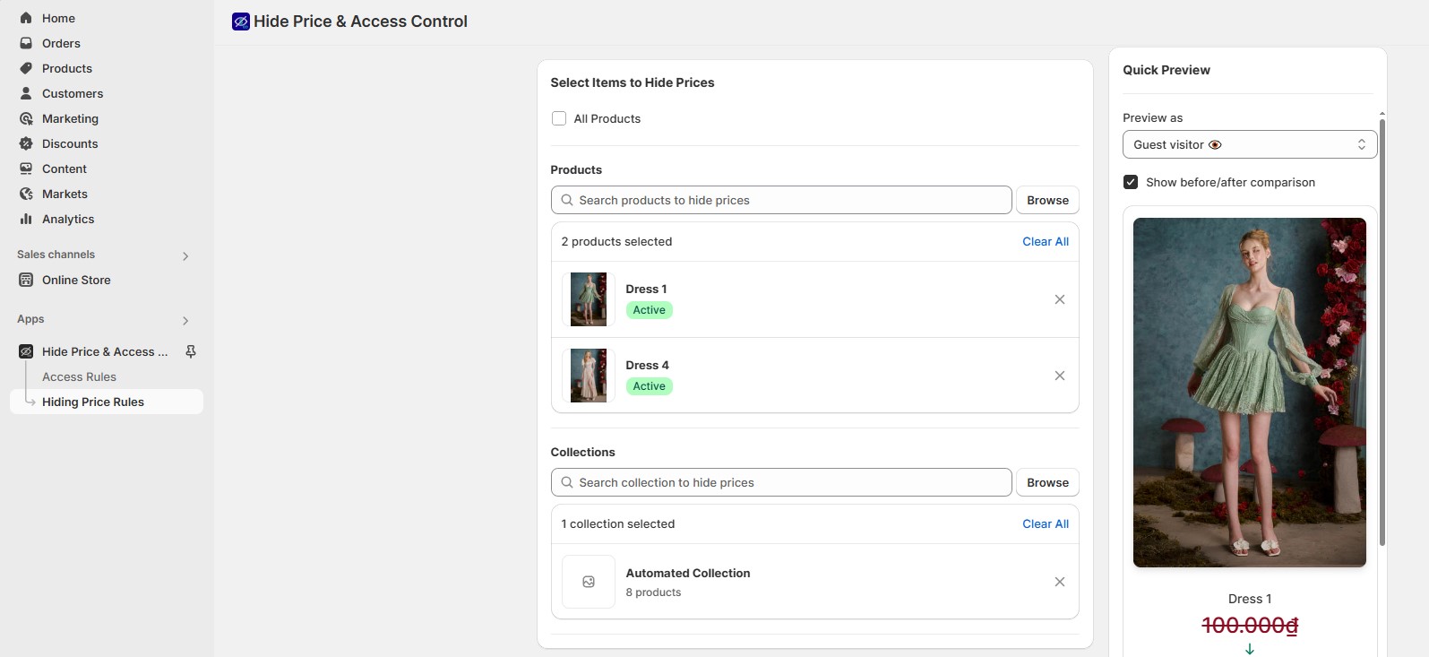 Select items to hide prices