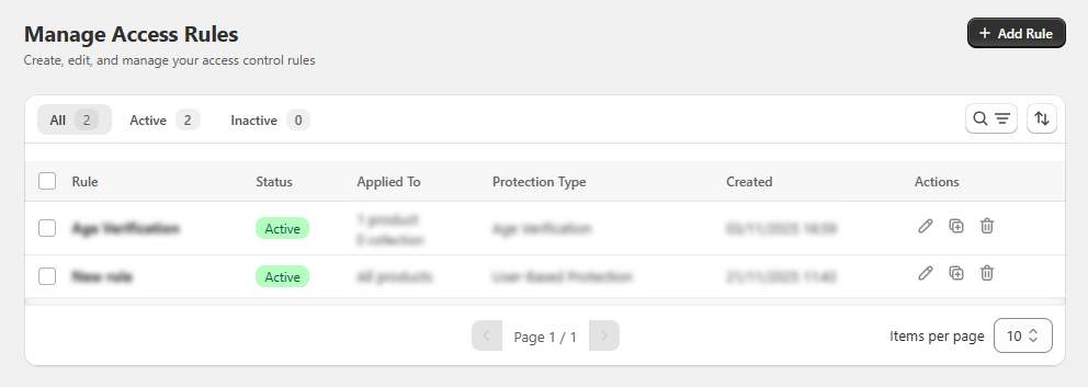 Rule list for managing access control in the app