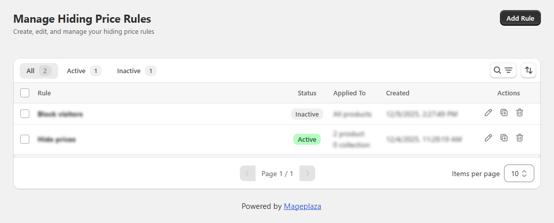 Manage hide price rules