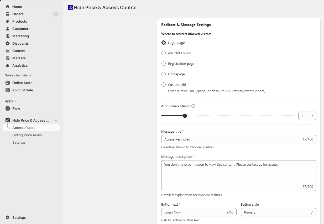 Redirect & message settings