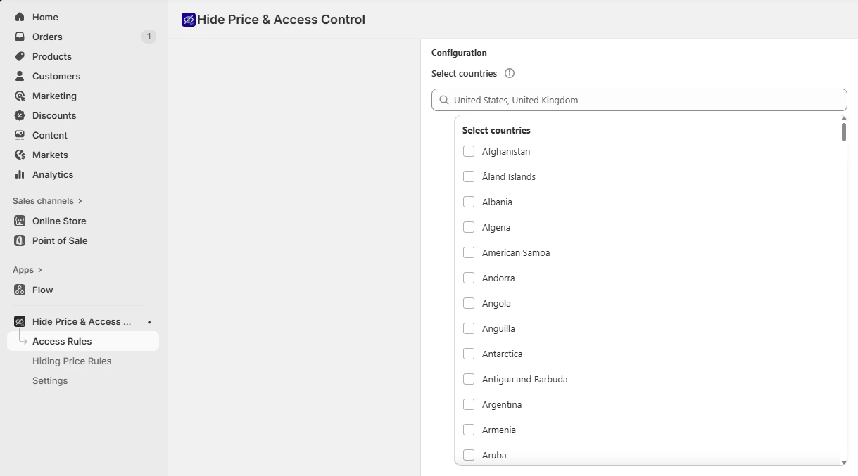 Select countries to block access.