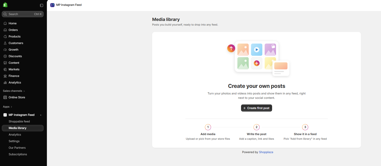 The Media library page with the Create first post button