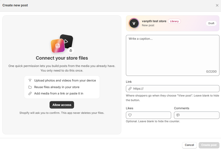 The Connect your store files screen with the Allow access button