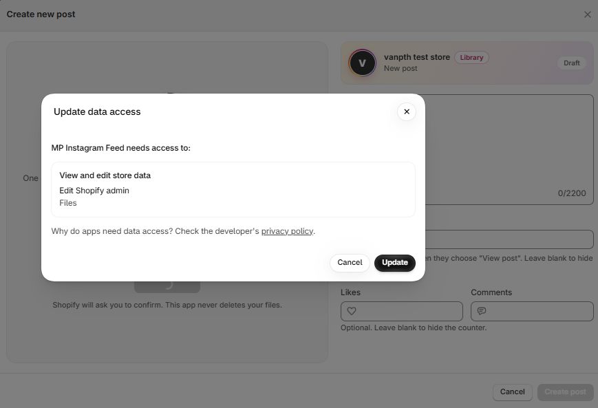 The Update data access popup from Shopify