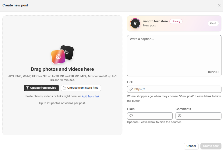 The upload screen with Upload from device and Choose from store files