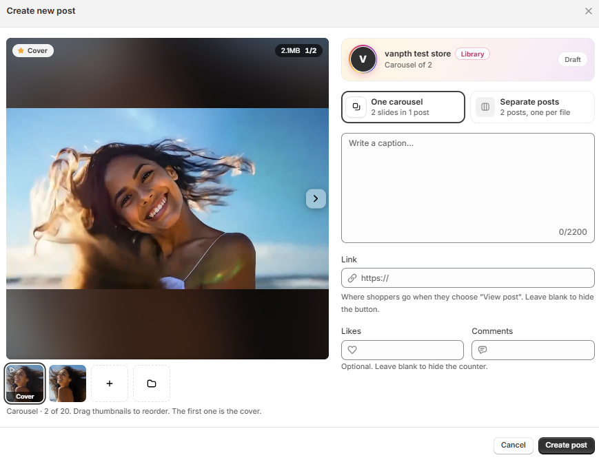 The Create new post window after adding 2 files