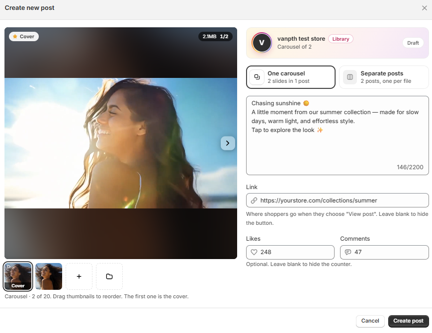 A filled-in post with caption, link, likes, and comments