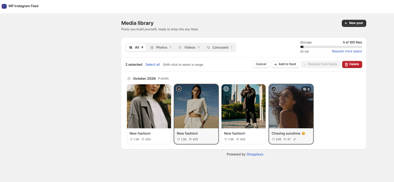 Two posts selected in Media library with the Add to feed button