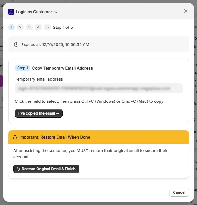 Copy temporary email address