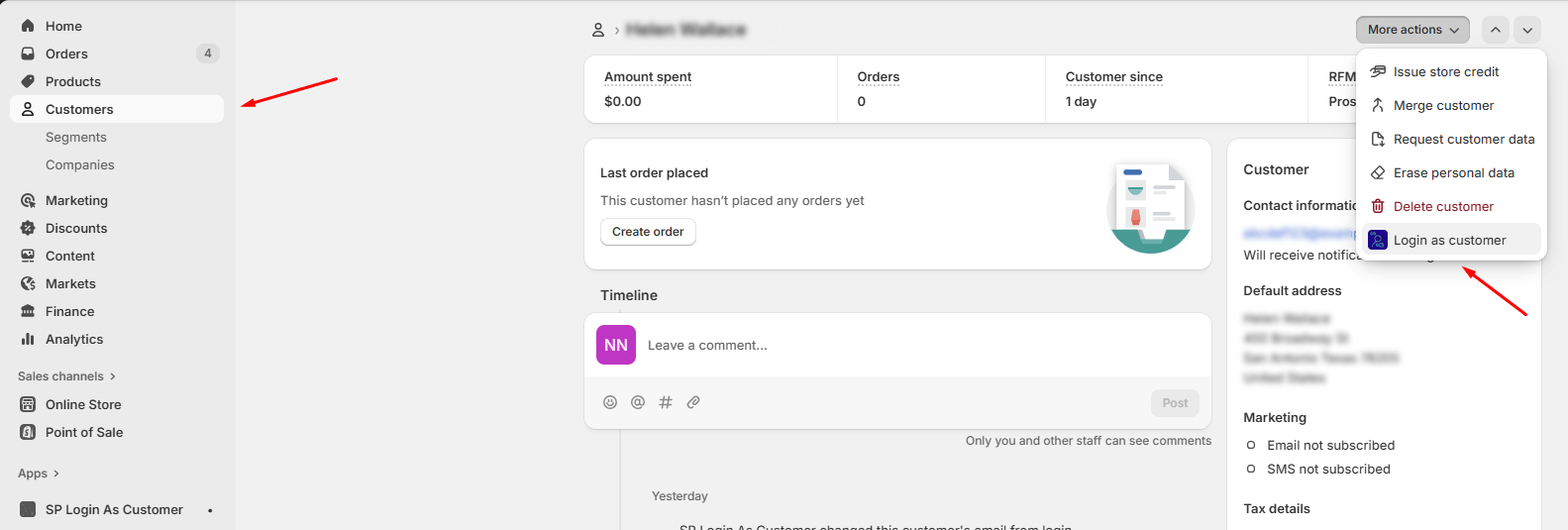Start a login session as customer