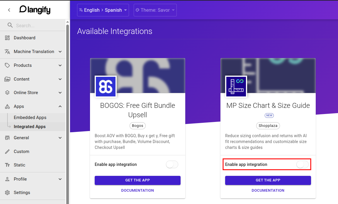 Available Integrations page in langify with the MP Size Chart toggle turned on