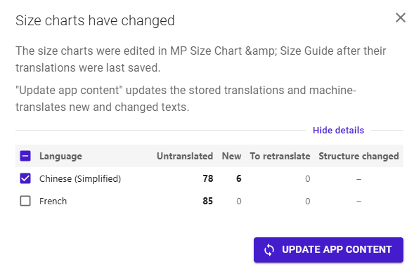 Size charts have changed popup in langify with the Update App Content button
