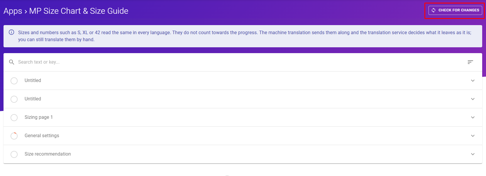 MP Size Chart section in langify with the Check for Changes button highlighted