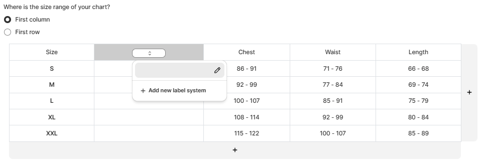 The new size label column with an empty label system