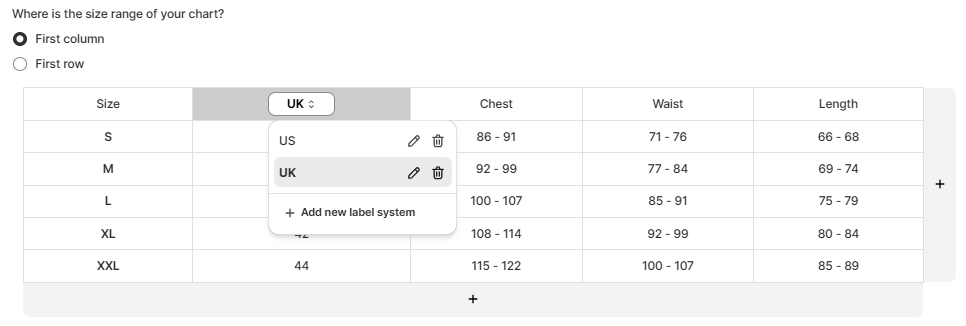 The UK label system added next to US in the label dropdown