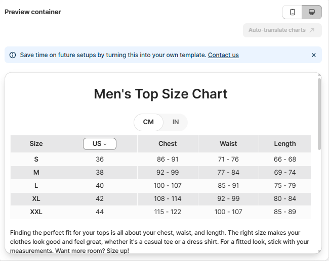 Size chart popup preview with the US and UK label dropdown