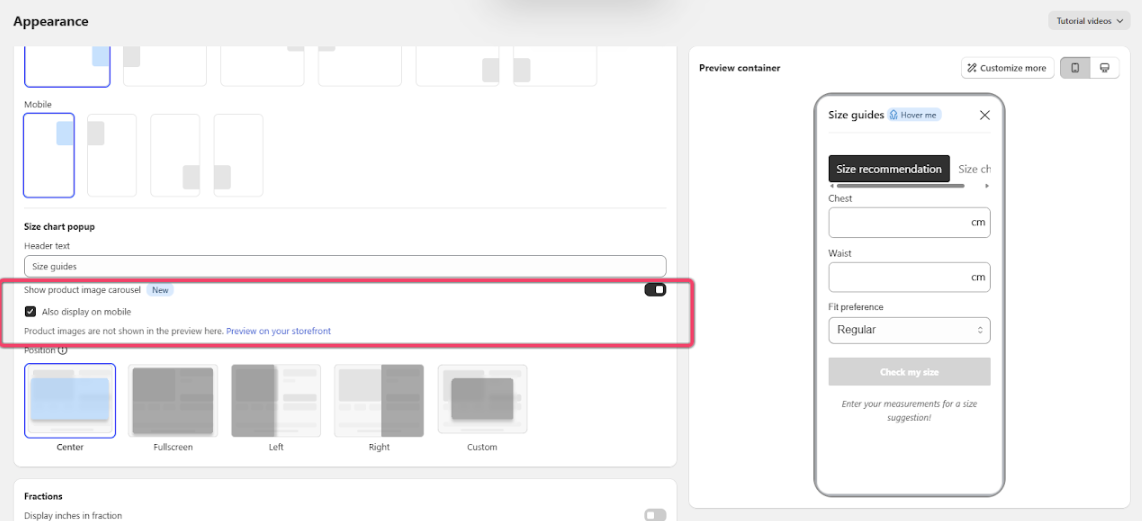 The Show product image carousel setting in Appearance