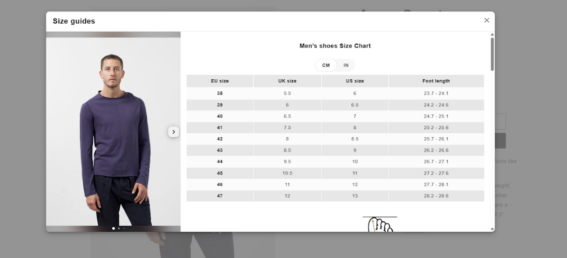 Size chart popup with a product image carousel on the left