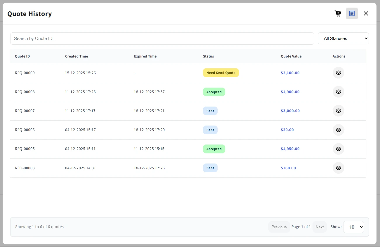 Buyer dashboard to manage quote requests in Shopify
