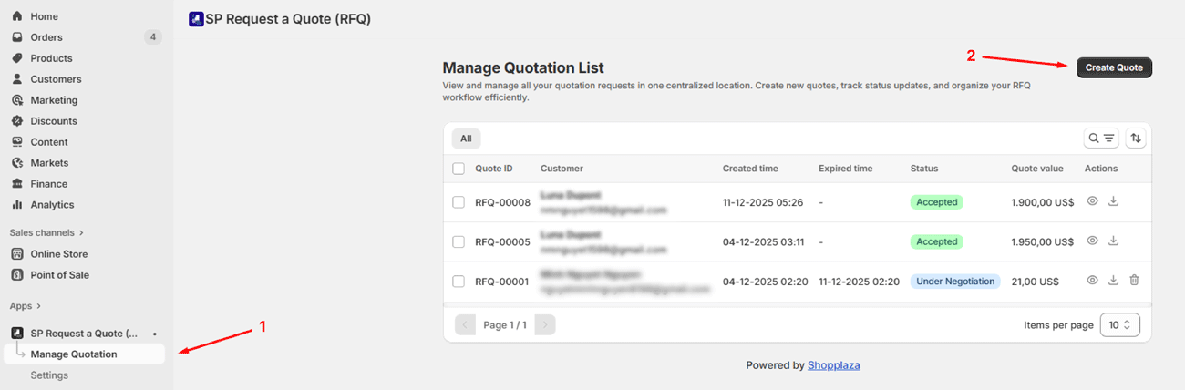 Admin can create a new quote request in Shopify admin dashboard
