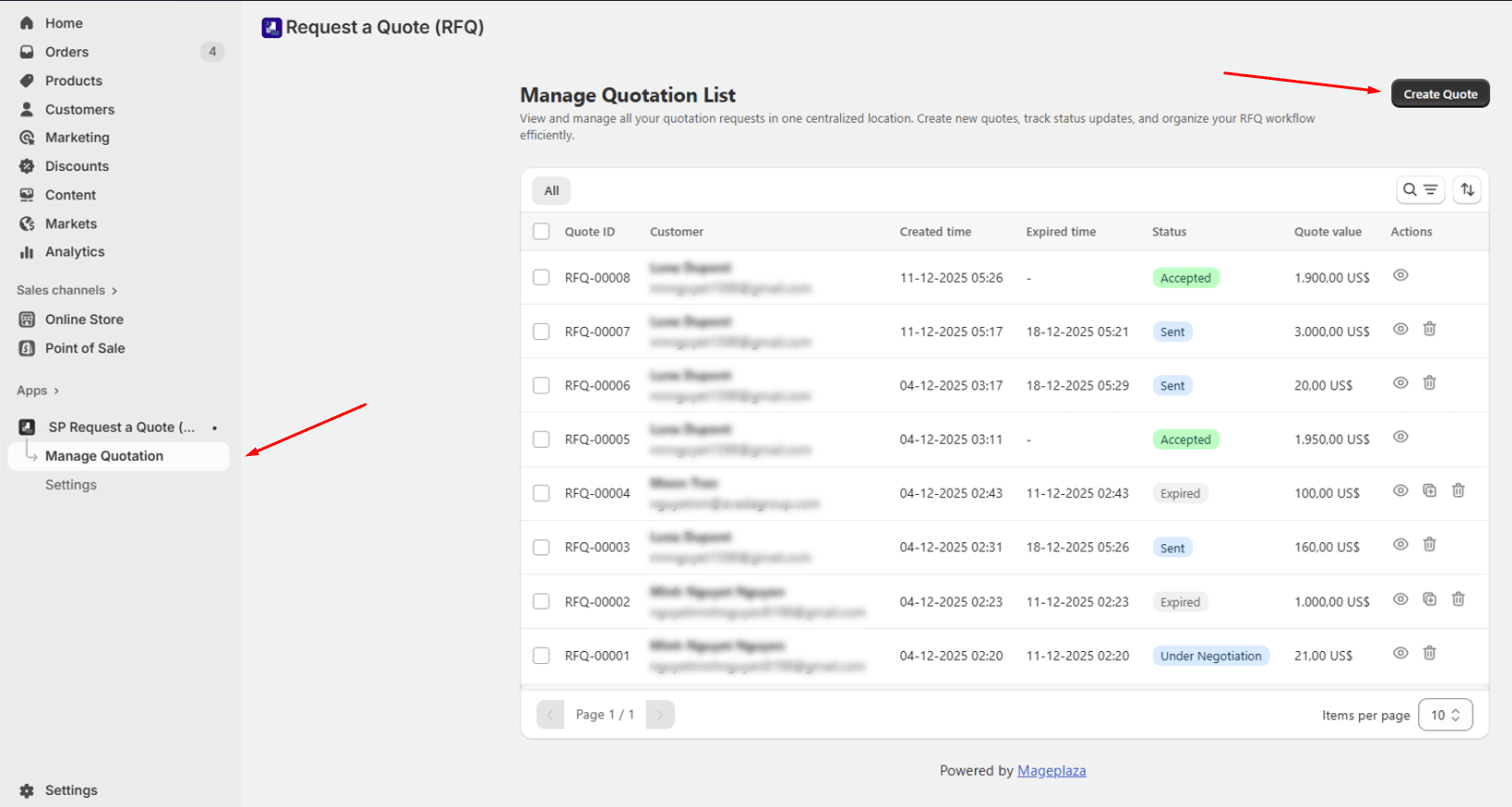 Admin can create a new quote request in Shopify admin dashboard