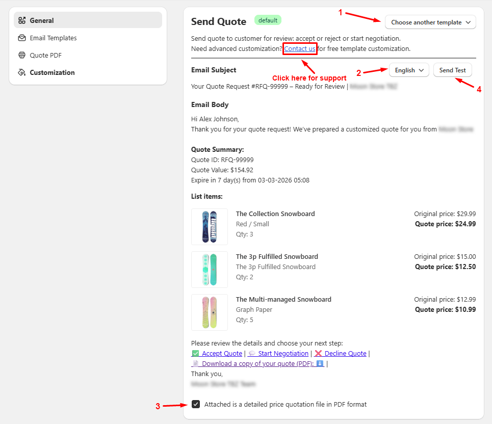 Customize email templates sent during the quote process.
