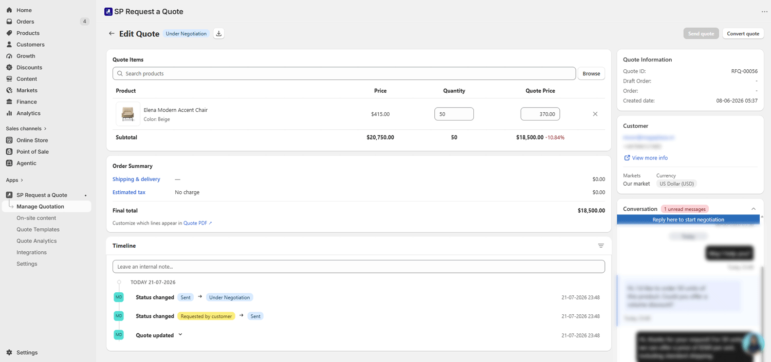Merchants can edit prices, quantities, and notes before sending a quote
