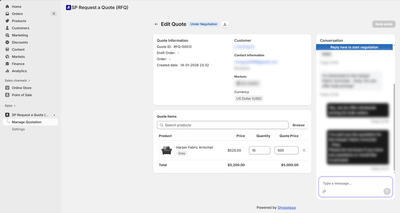 Merchants can edit prices, quantities, and notes before sending a quote