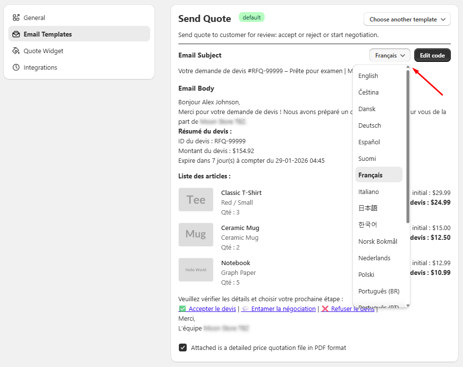 Choose the email language