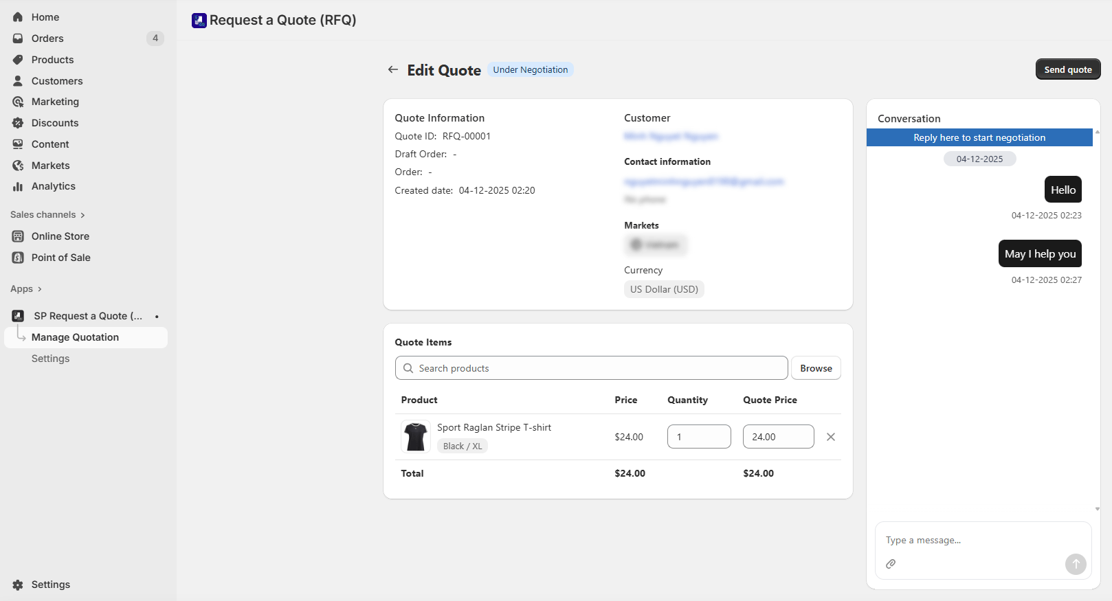 Merchants can edit prices, quantities, and notes before sending a quote